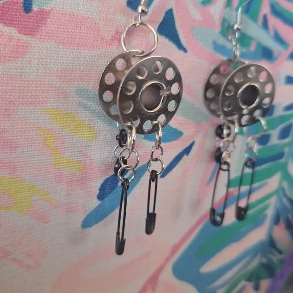 Upcycled Sewing Machine Bobbin Earrings Cyberpunk Punk Quirky Seamstress Gift